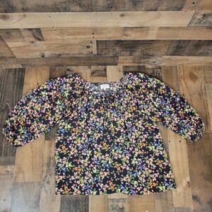 Jade Johnny Was Floral Rocco Peasant Silk Blouse Top Womens Small Navy Blue Boho
